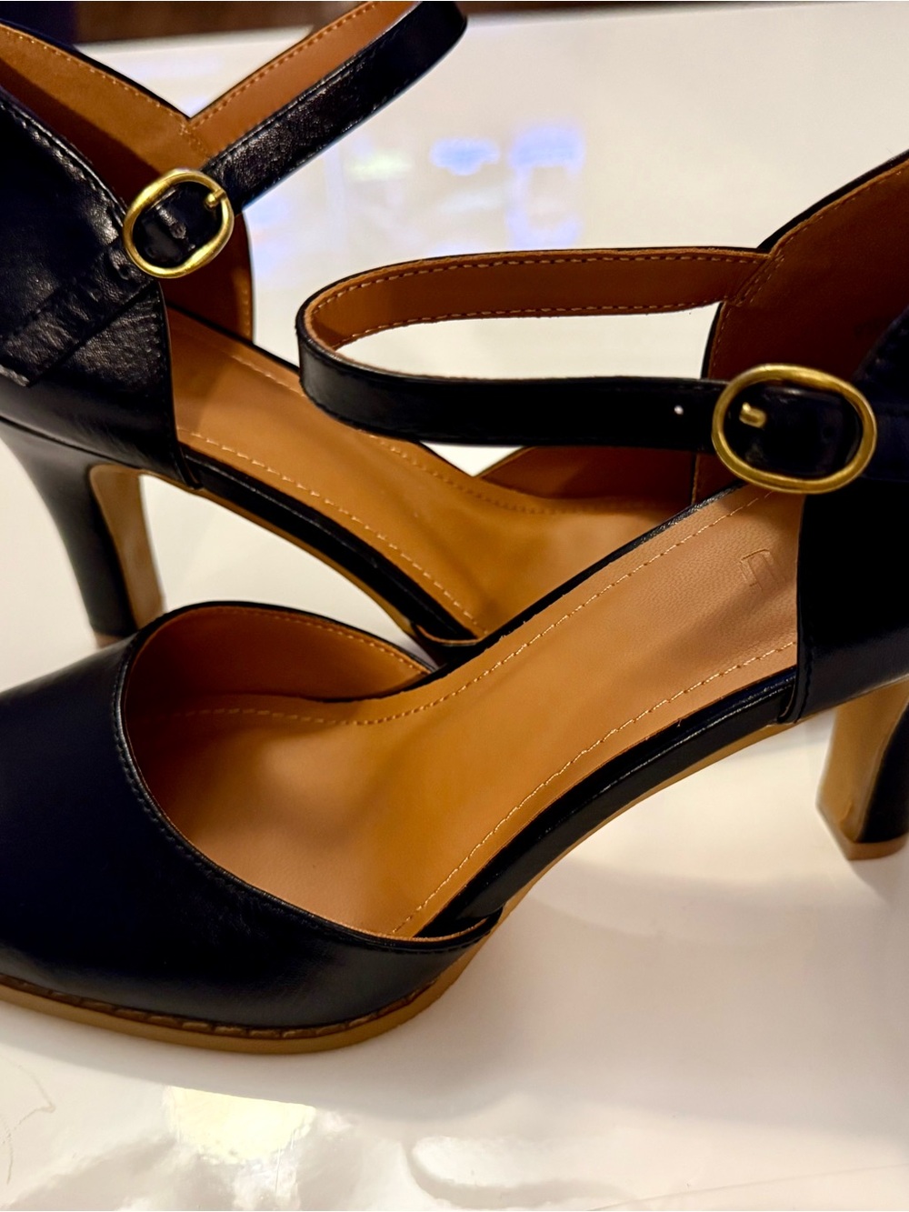 IDIFU Black Mary Jane Heels with Gold Buckles